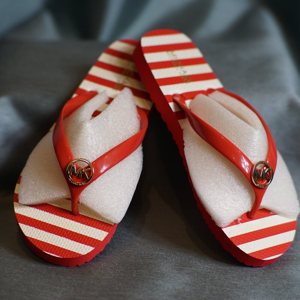 Michael Kors Red and White Striped Flip Flops size 10m